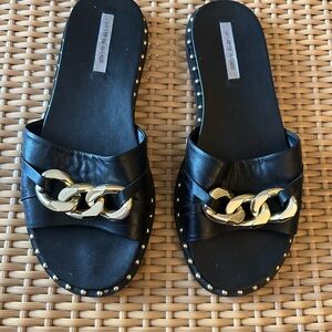 Saks Fifth Avenue Women’s Slider Sandals/ Black with Gold Metal Detail /Size 10
